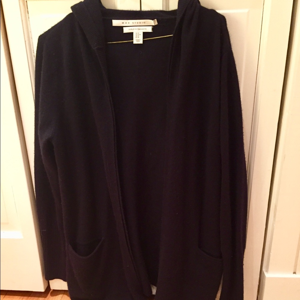 Cashmere hooded long sleeve cardigan with pockets